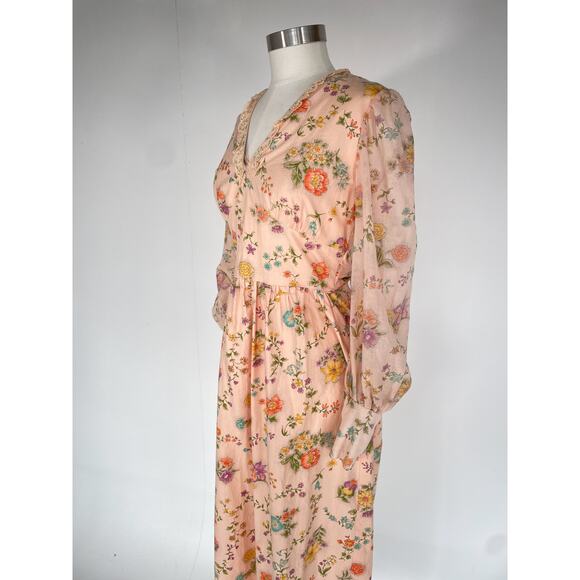 Vtg 70's Pastel Floral Empire Waist Long Sleeve Maxi Dress Hippie Boho Sz S/M - Picture 4 of 10